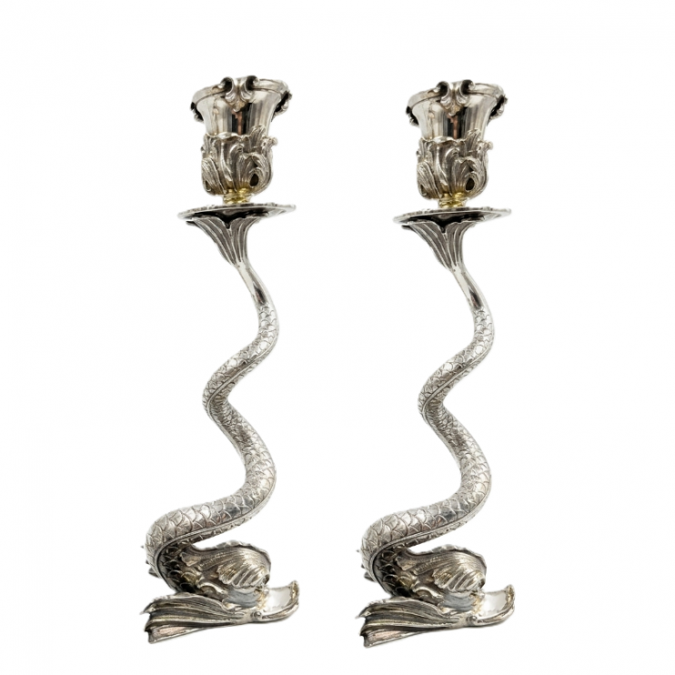 Set of 2 Faberge Dolphin candlesticks, 30cm silver (15558)
