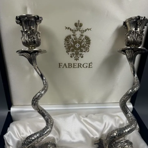 Set of 2 Faberge Dolphin candlesticks, 30cm silver (15558)